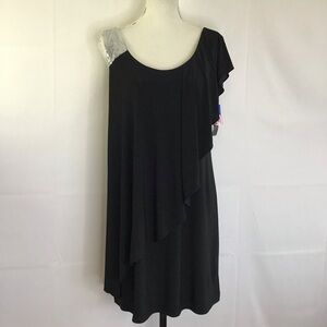 NWT- NW WOMEN BLACK SILVER SEQUIN 2 STYLE SHOULDER FAUX WRAP PARTY DRESS SIZE 10